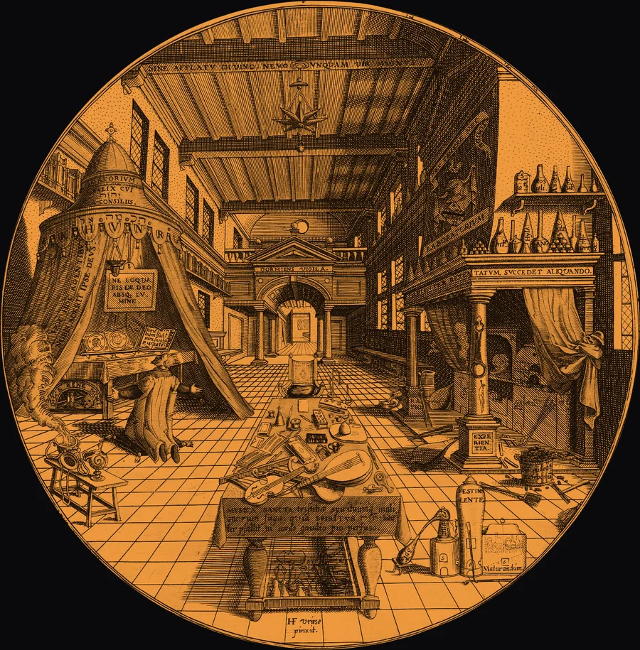 Heinrich Khunrath's Alchemist's Laboratory, 1595: a hall split between a study of books and a furnace of glassware, with instruments laid across the table between them.